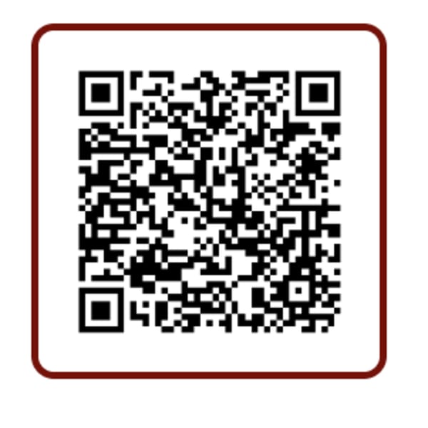 A black and white QR code with a dark red border on a white background.